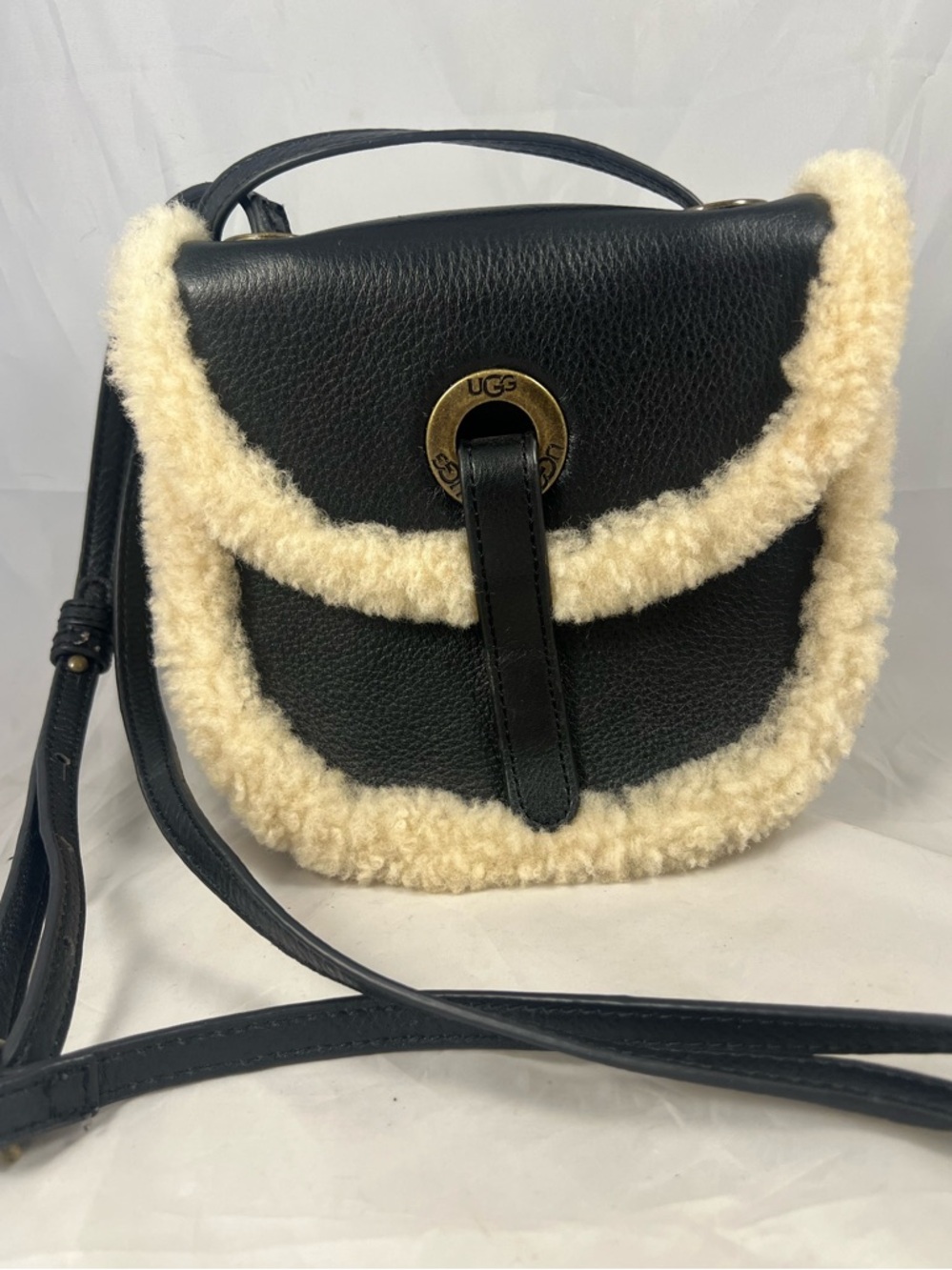 Ugg Heritage Mini Black Leather Cream Shearling Crossbody Bag Purse